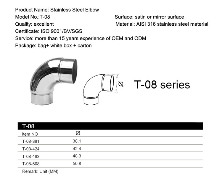 Alloy Handrail Fitting Stainless Steel Connectors Round/Square Tube Pipe 90 Degree Elbow